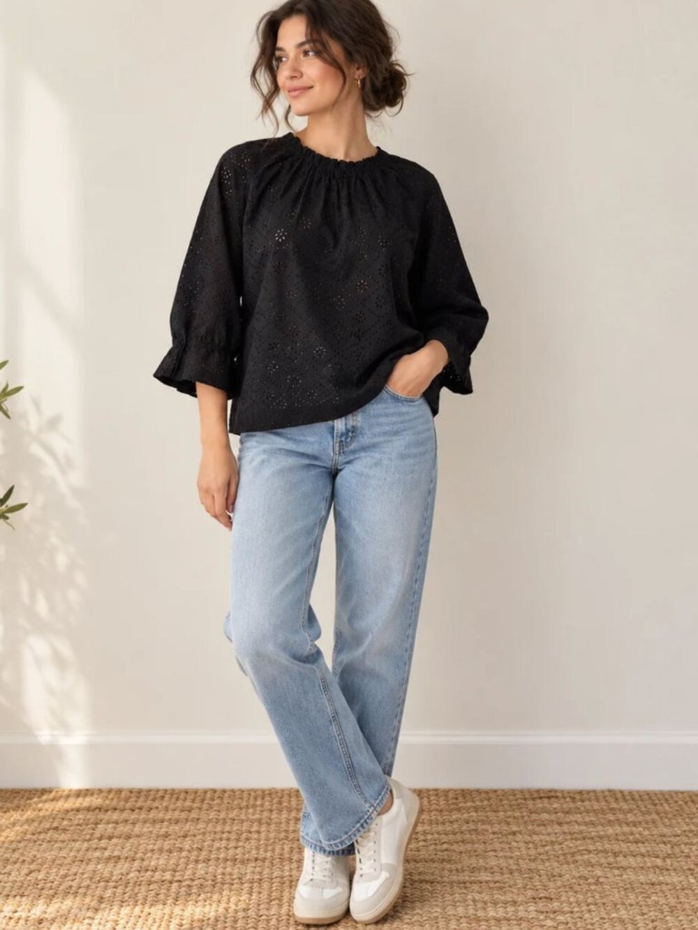 Gap Blouse Womens XS Black Eyelet Cotton 3/4 Sleeve Peasant Boho
